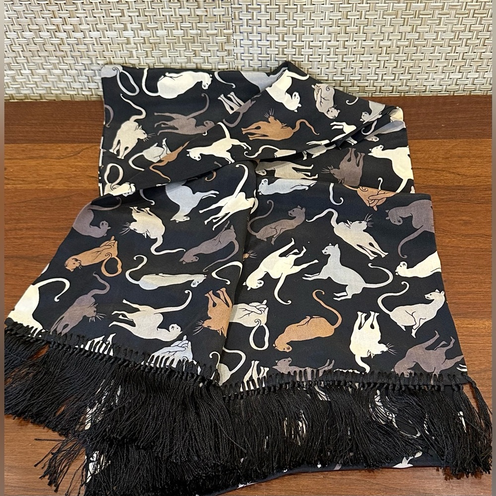 🌟HP🌟VTG 1990s Museum of Fine Arts Boston (MFA) Black 100% Silk Cat Scarf Fringe - Picture 7 of 11
